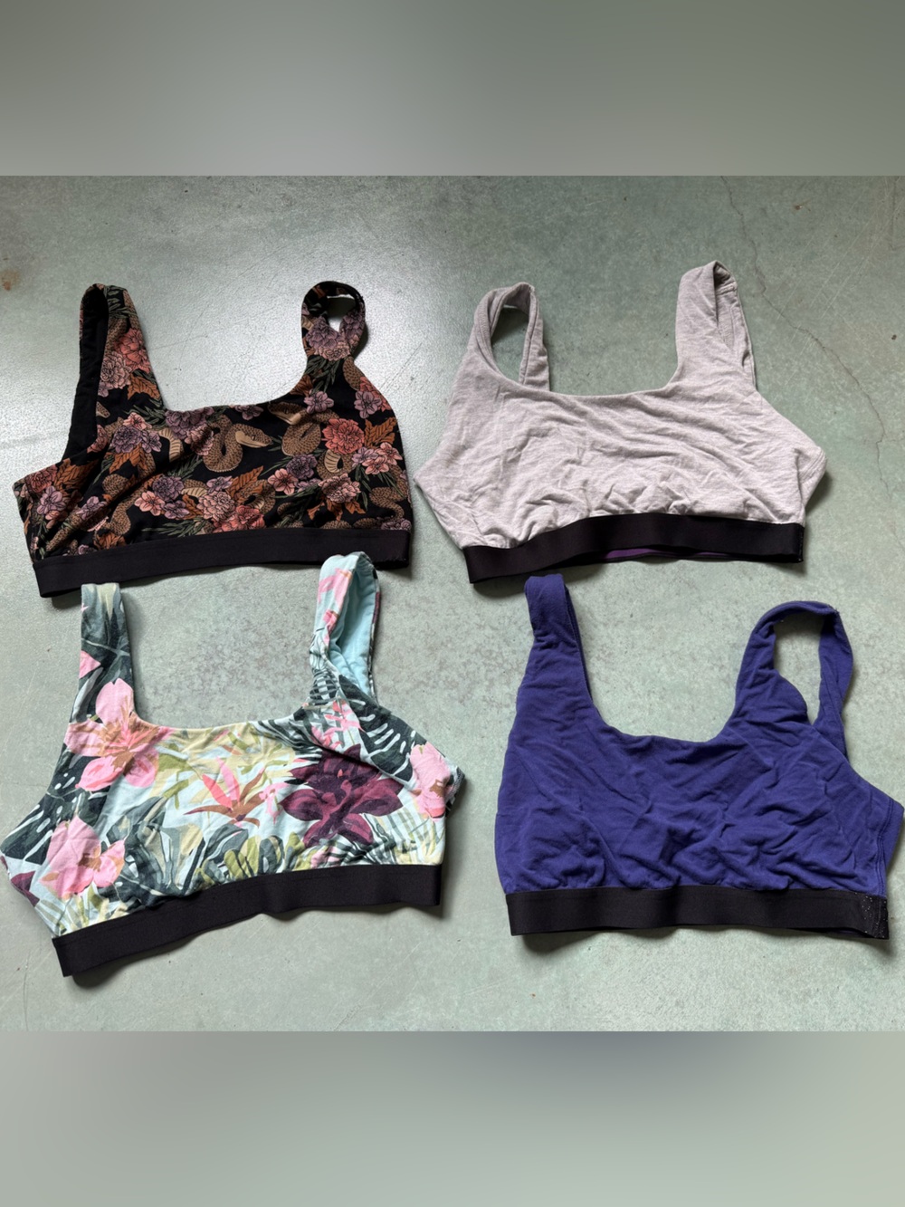 MeUndies garden snake, hibiscus, purple and gray, curvy large bralettes